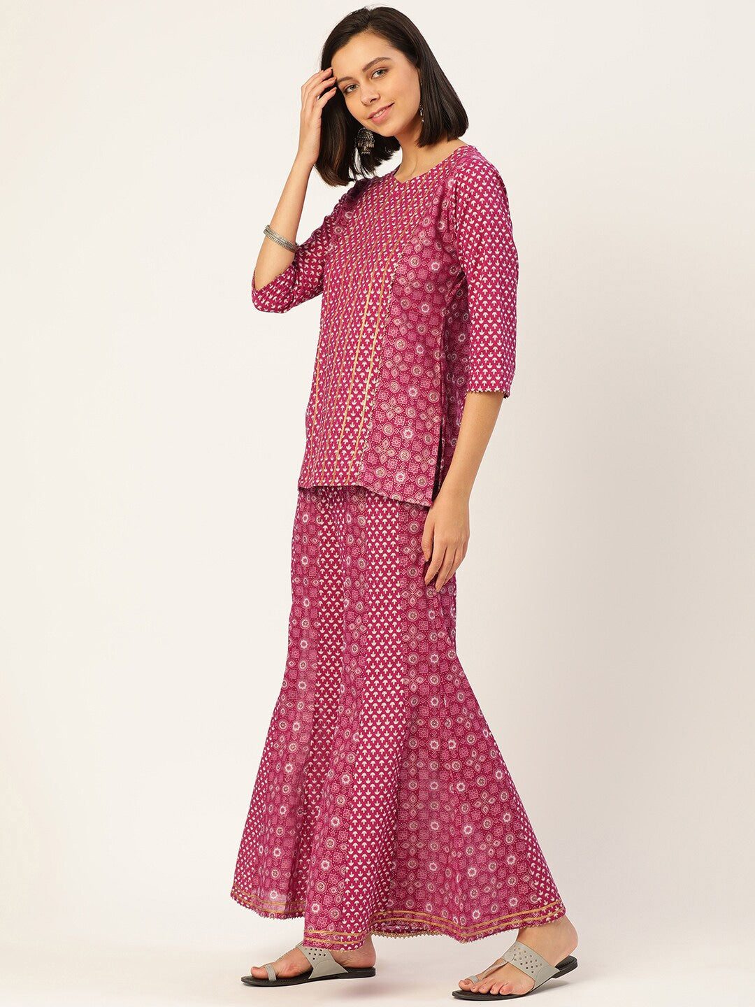 HERE&NOW Women Pink And Black Ethnic Printed Pure Cotton Kurti With Palazzo And Dupatta | Grocsy