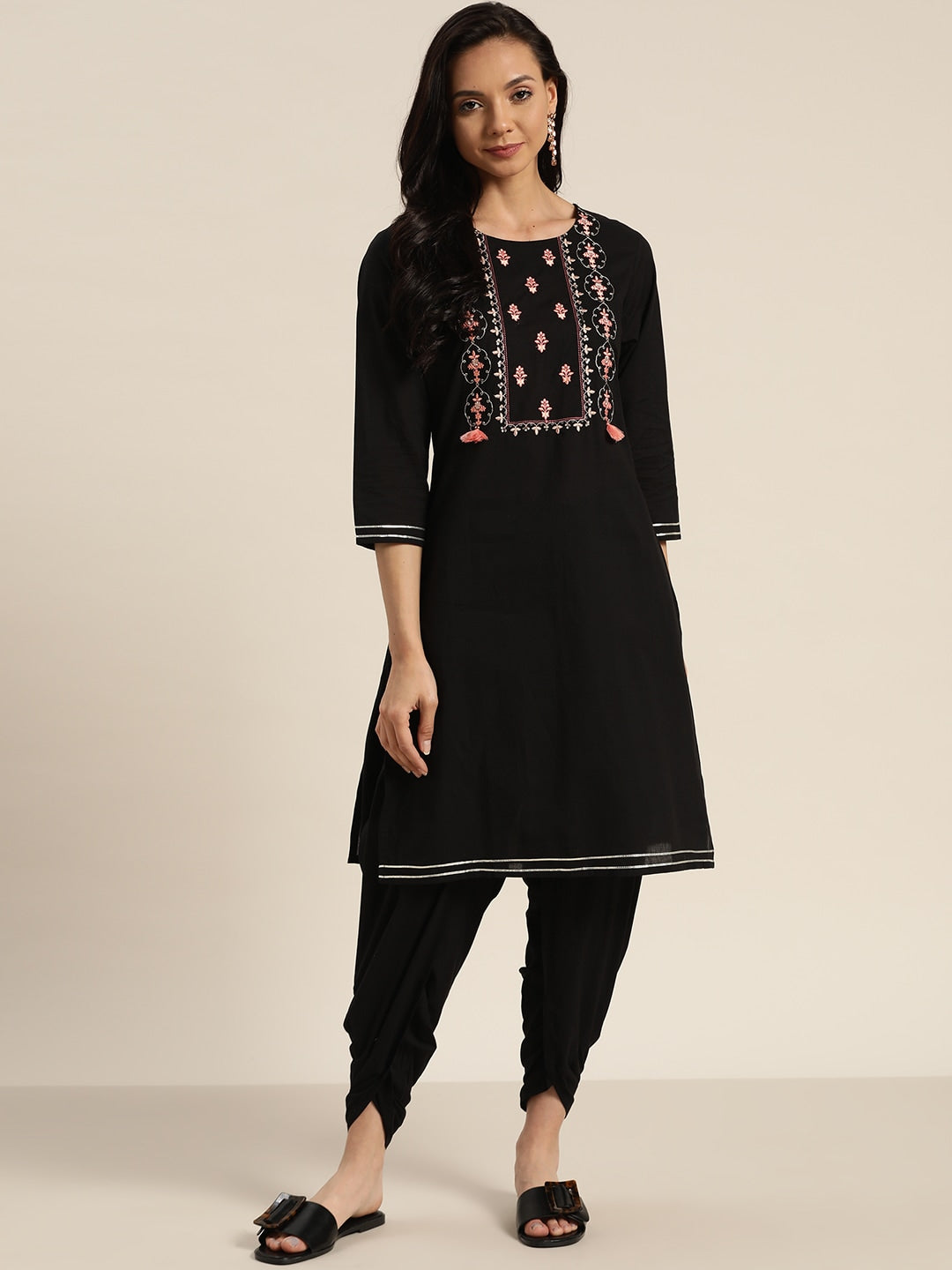 Sangria Women Black & Peach-Coloured Cotton Embroidered Straight Kurta with Dhoti Pants | Grocsy