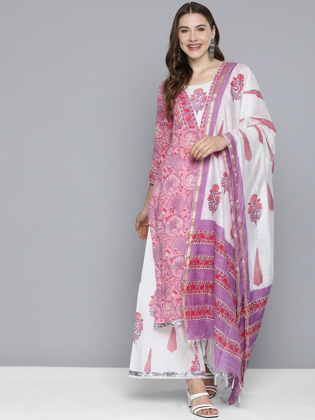 HERE&NOW Women Floral Printed Regular Pure Cotton Kurta with Palazzos & With Dupatta | Grocsy