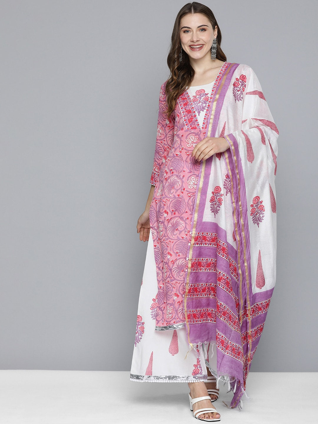 HERE&NOW Women Floral Printed Regular Pure Cotton Kurta with Palazzos & With Dupatta | Grocsy