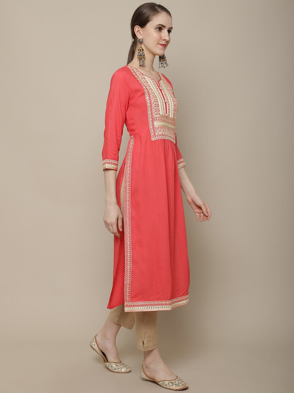 Sangria Women Coral Ethnic Motifs Yoke Design Kurta | Grocsy