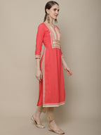 Sangria Women Coral Ethnic Motifs Yoke Design Kurta | Grocsy