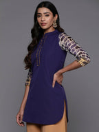 Ahalyaa Blue & Gold-Toned Mandarin Collar Printed Tunic - Blue Color | Grocsy
