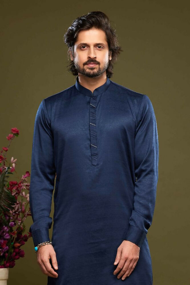Raivat Ethnic Art Banarasi Silk Thread Work Kurta Pajama In Blue Colour | Grocsy