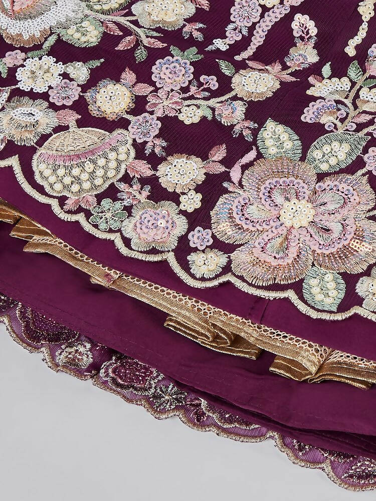 House of Panchhi Burgundy Net Sequins And Thread Embroidery Lehenga Choli & Dupatta | Grocsy