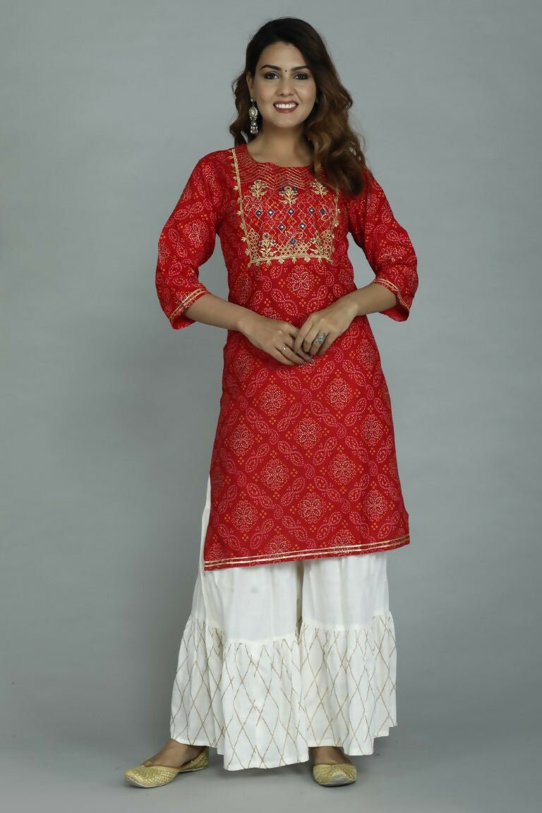 Alvano Printed Stylish A-line Kurti with Sharara set for Women and Girls Rayon (Orange) | Grocsy