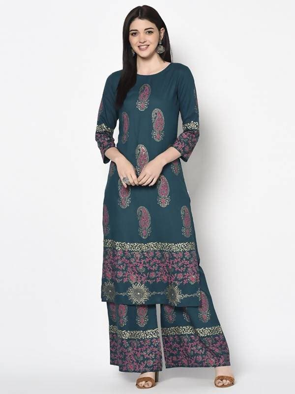 Aniyah Rayon Teal Blue Color Block Print Flared Slip-On Palazzo (AN-222K) | Grocsy