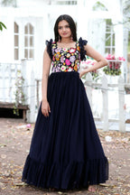 Jyoti Fashion Women's Navy Blue Sequins Thread Embroidery Faux Blooming Anarkali Dress | Grocsy