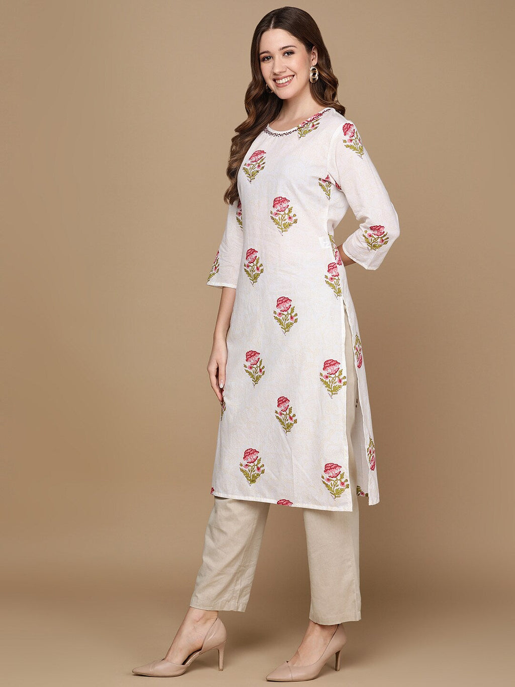 HERE&NOW White & Pink Floral Printed Pure Cotton Kurta | Grocsy