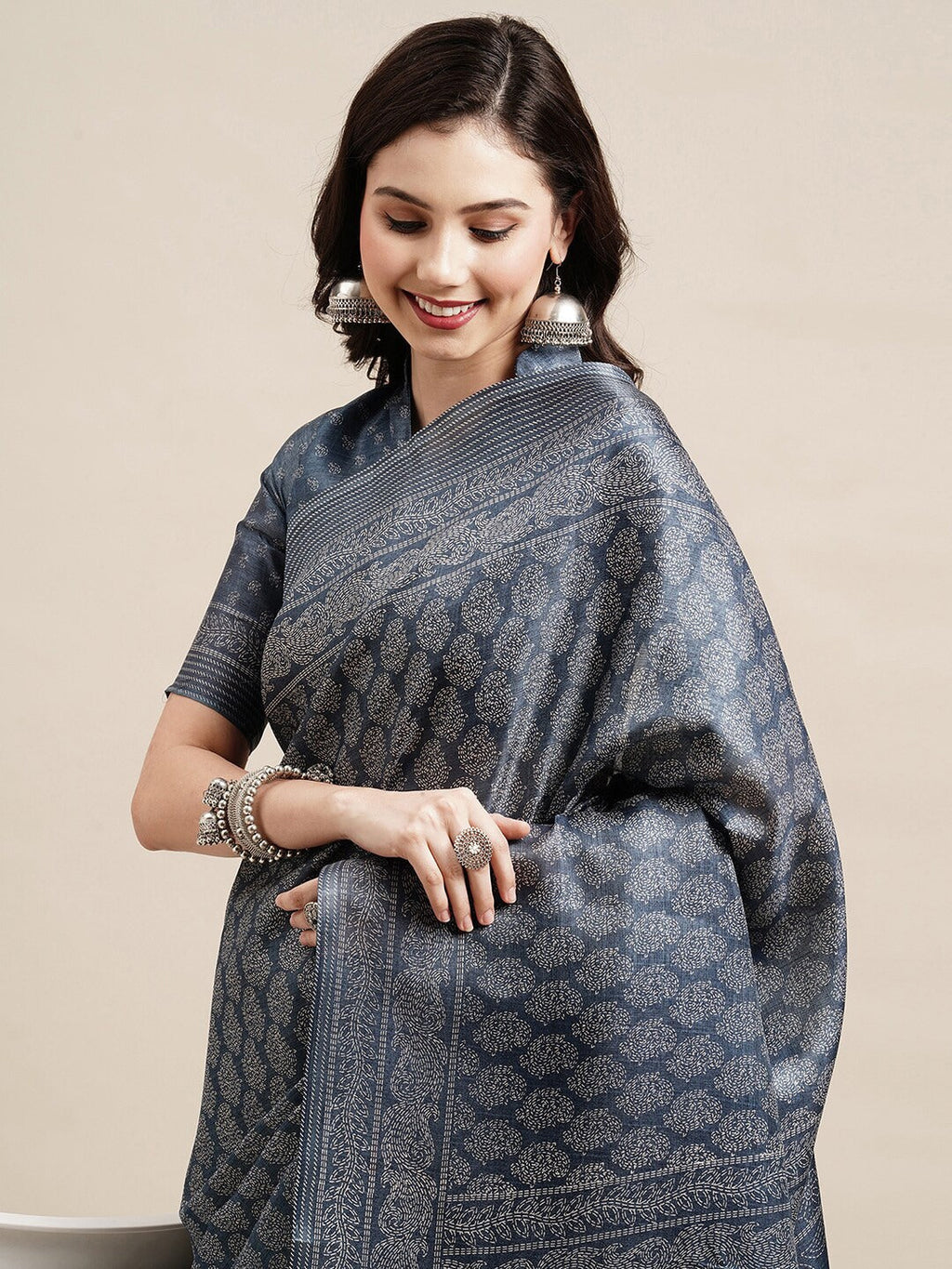 Saree Mall Grey & White Floral Art Silk Sarees | Grocsy