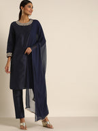 All About You Women Navy Blue & Golden Satin Finish Kurta with Trousers & With Dupatta | Grocsy