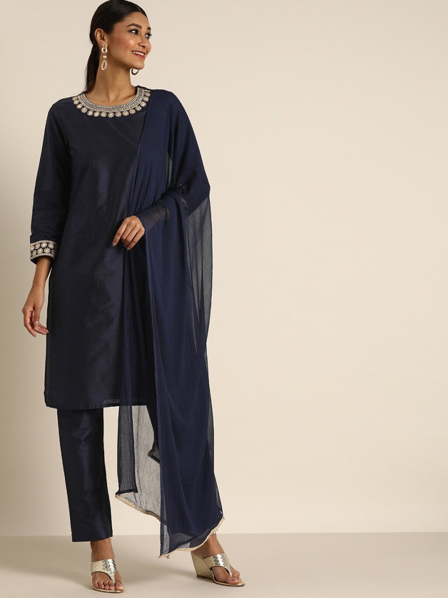 All About You Women Navy Blue & Golden Satin Finish Kurta with Trousers & With Dupatta | Grocsy
