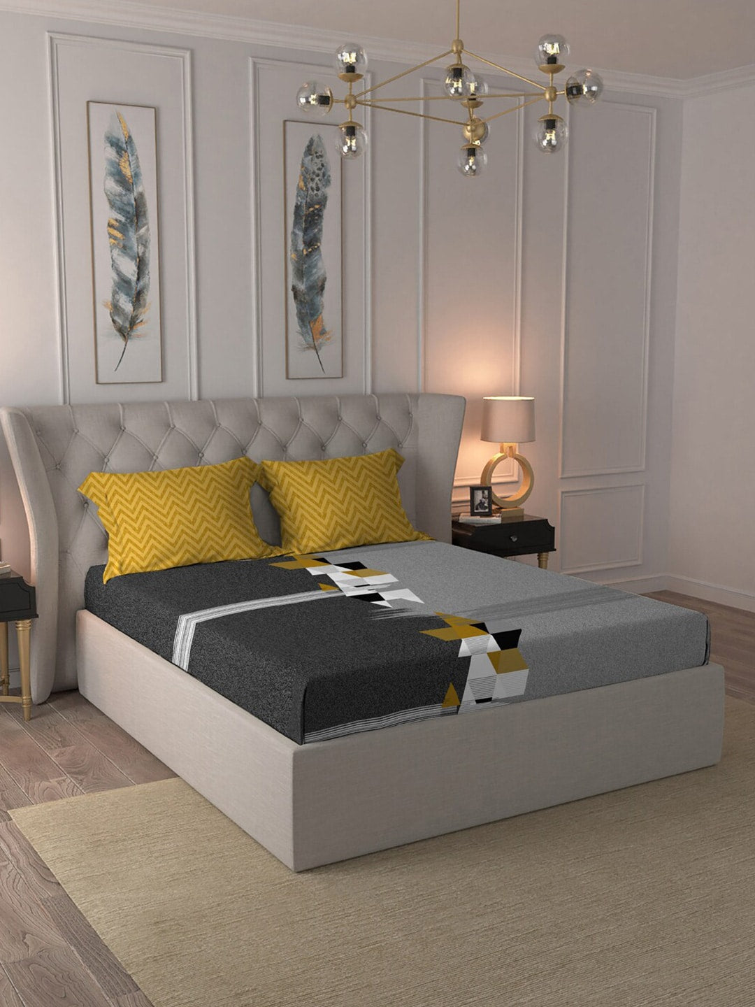 MYTRIDENT Grey Melange White Geometric Cotton 144 TC Queen Bedsheet With 2 Pillow Covers | Grocsy