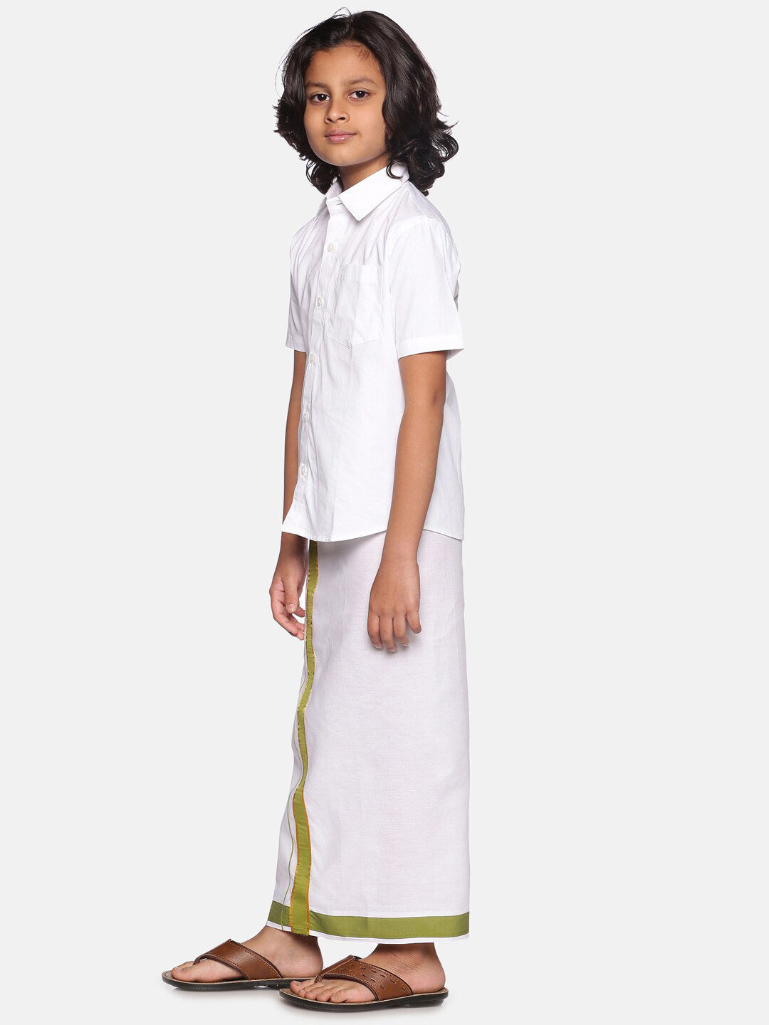 Sethukrishna Boys White & Green Cotton Shirt With Readymade Dhoti | Grocsy