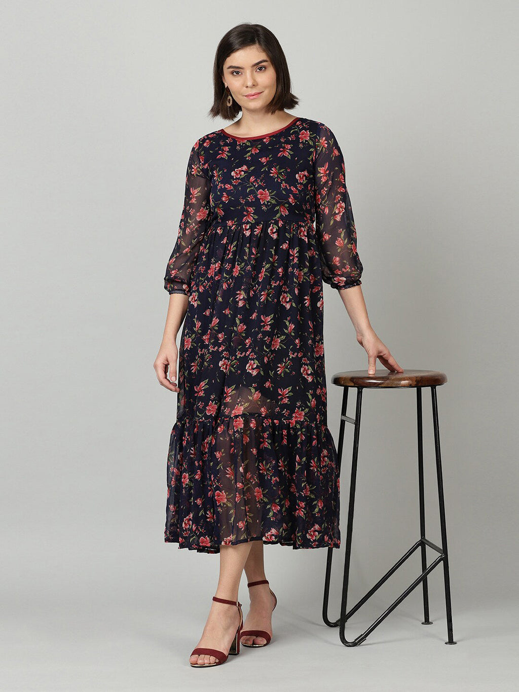Souchii Women Navy Blue & Red Floral Chiffon A-Line Tiered Dress | Grocsy