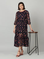 Souchii Women Navy Blue & Red Floral Chiffon A-Line Tiered Dress | Grocsy