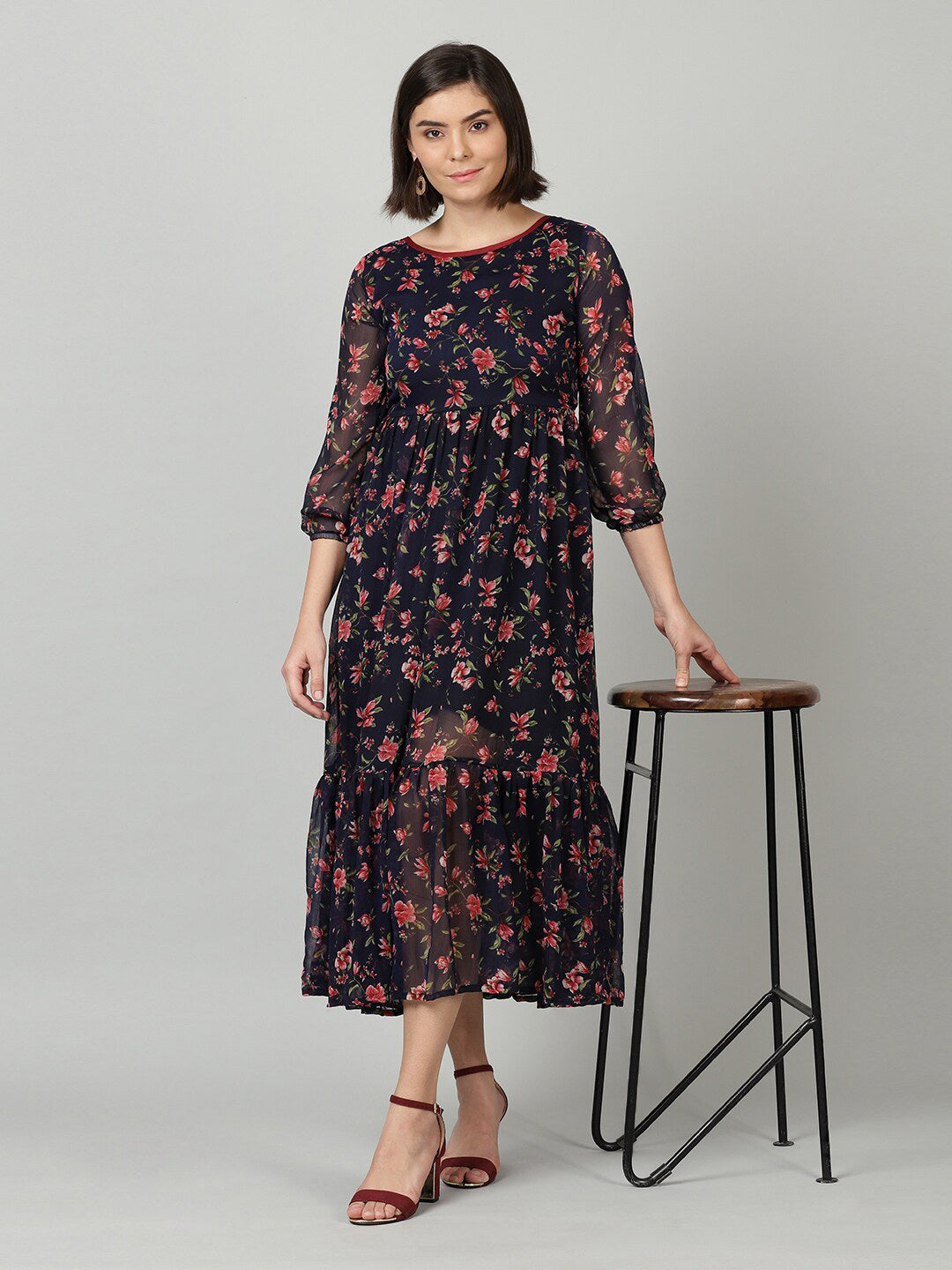 Souchii Women Navy Blue & Red Floral Chiffon A-Line Tiered Dress | Grocsy
