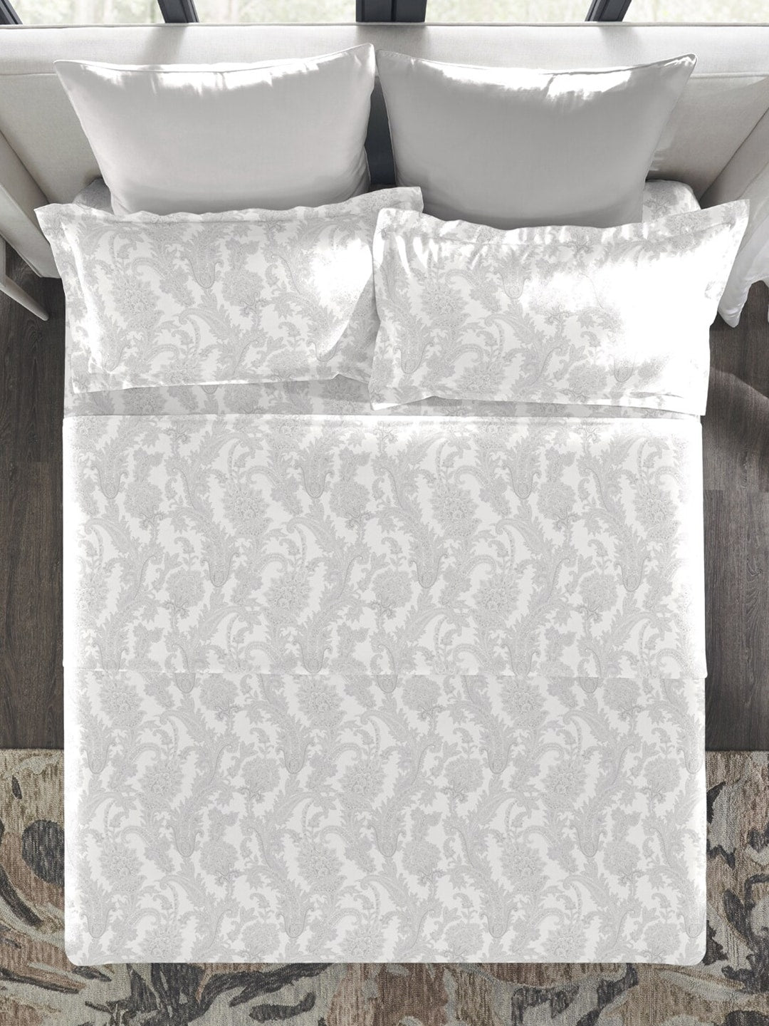 MYTRIDENT Nectarsoft Grey White Pure Cotton 400 TC King Bedsheet with 4 Pillow Covers | Grocsy