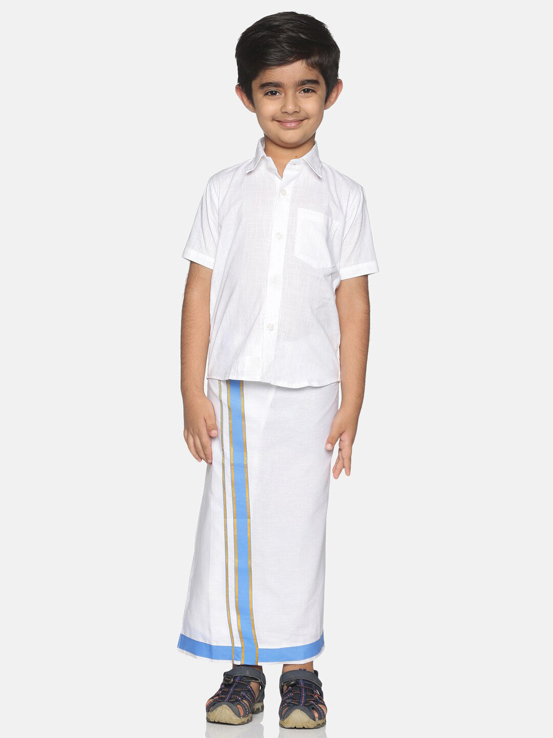 Sethukrishna White Pure Cotton Solid Shirt and Veshti Set | Grocsy