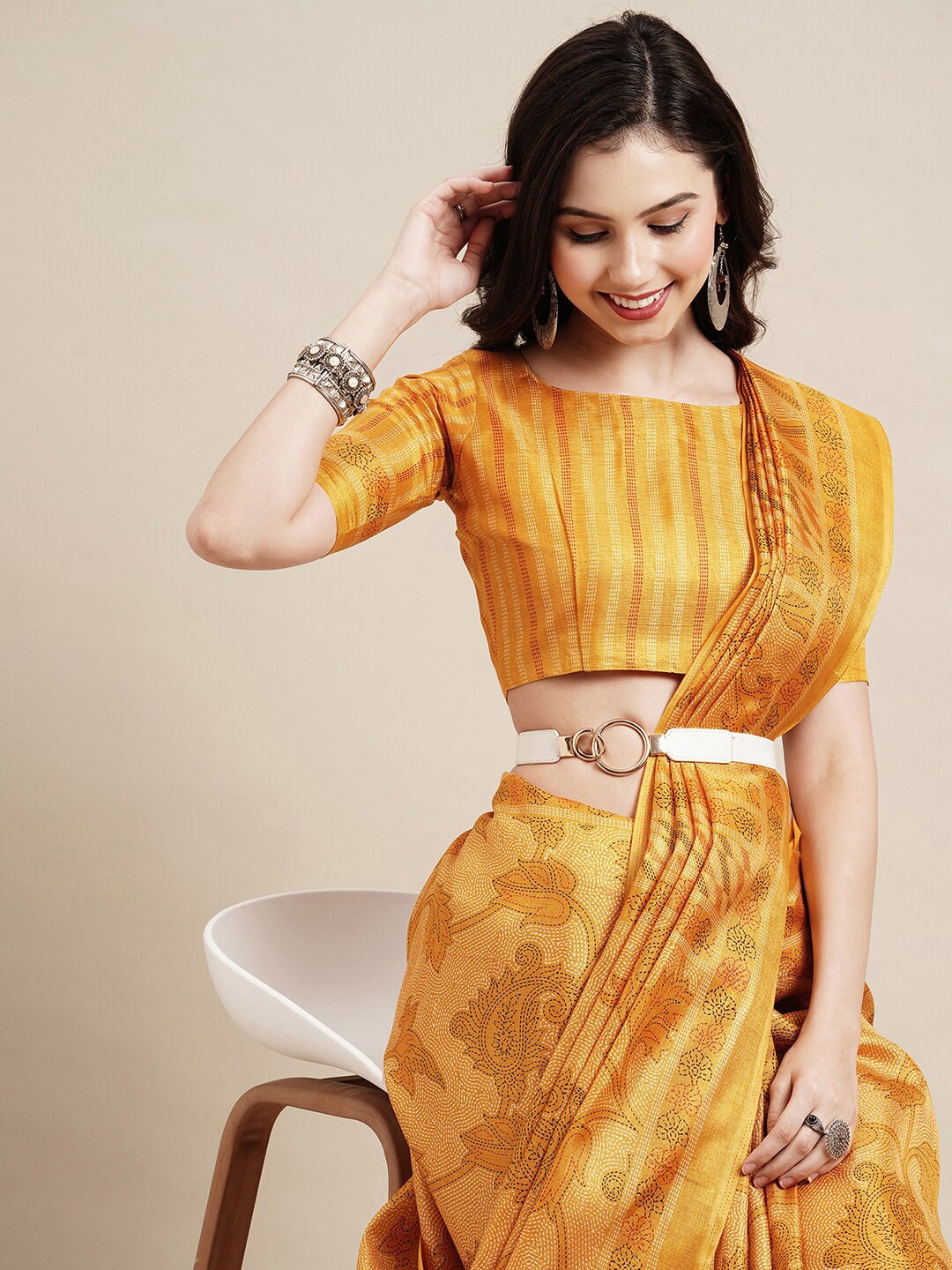 Saree Mall Yellow Floral Printed Bhagalpuri Saree | Grocsy