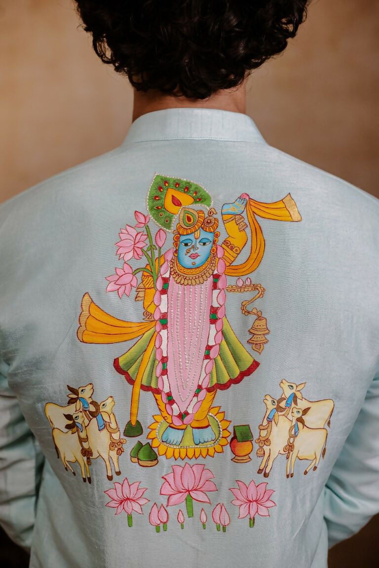Falling Raw Silk Sea Green Vrindavan Lotus Kurta By Hilo Design | Grocsy