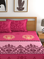 Dreamscape Pink & Beige Ethnic Motifs 144 TC Bedsheet with Pillow Covers | Grocsy