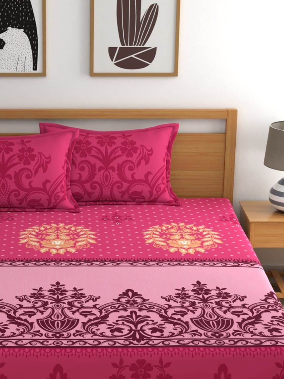 Dreamscape Pink & Beige Ethnic Motifs 144 TC Bedsheet with Pillow Covers | Grocsy