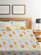 Home Sizzler White & Orange Cartoon Characters 210 TC Bedsheet with Pillow Covers | Grocsy