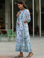Juniper Women's Skyblue Cambric Floral Placement Kurta Dupatta Sets | Grocsy