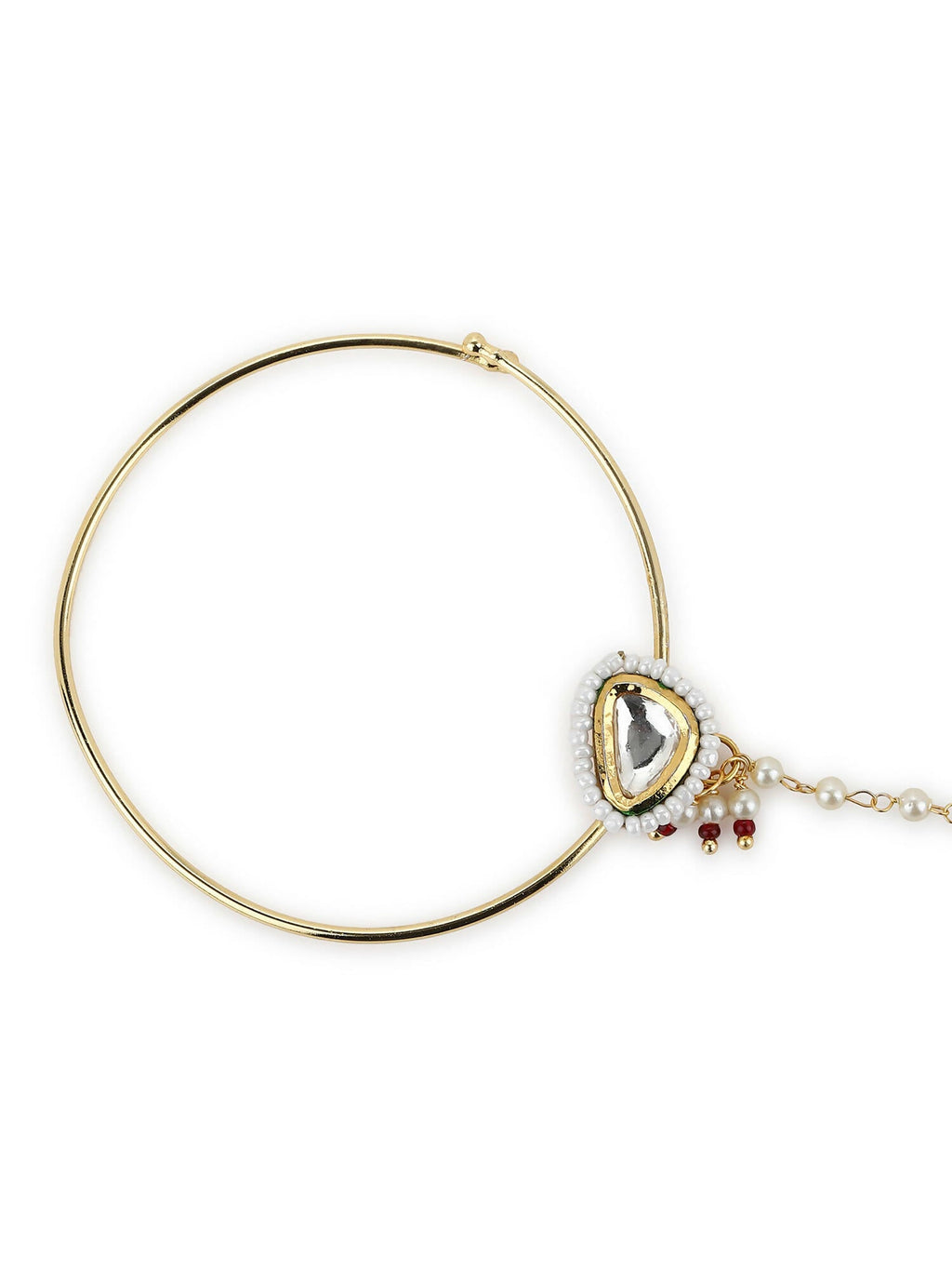 Gold-Polished White Kundan Studded Nose Pin With Beaded Extension - Ruby Raang | Grocsy
