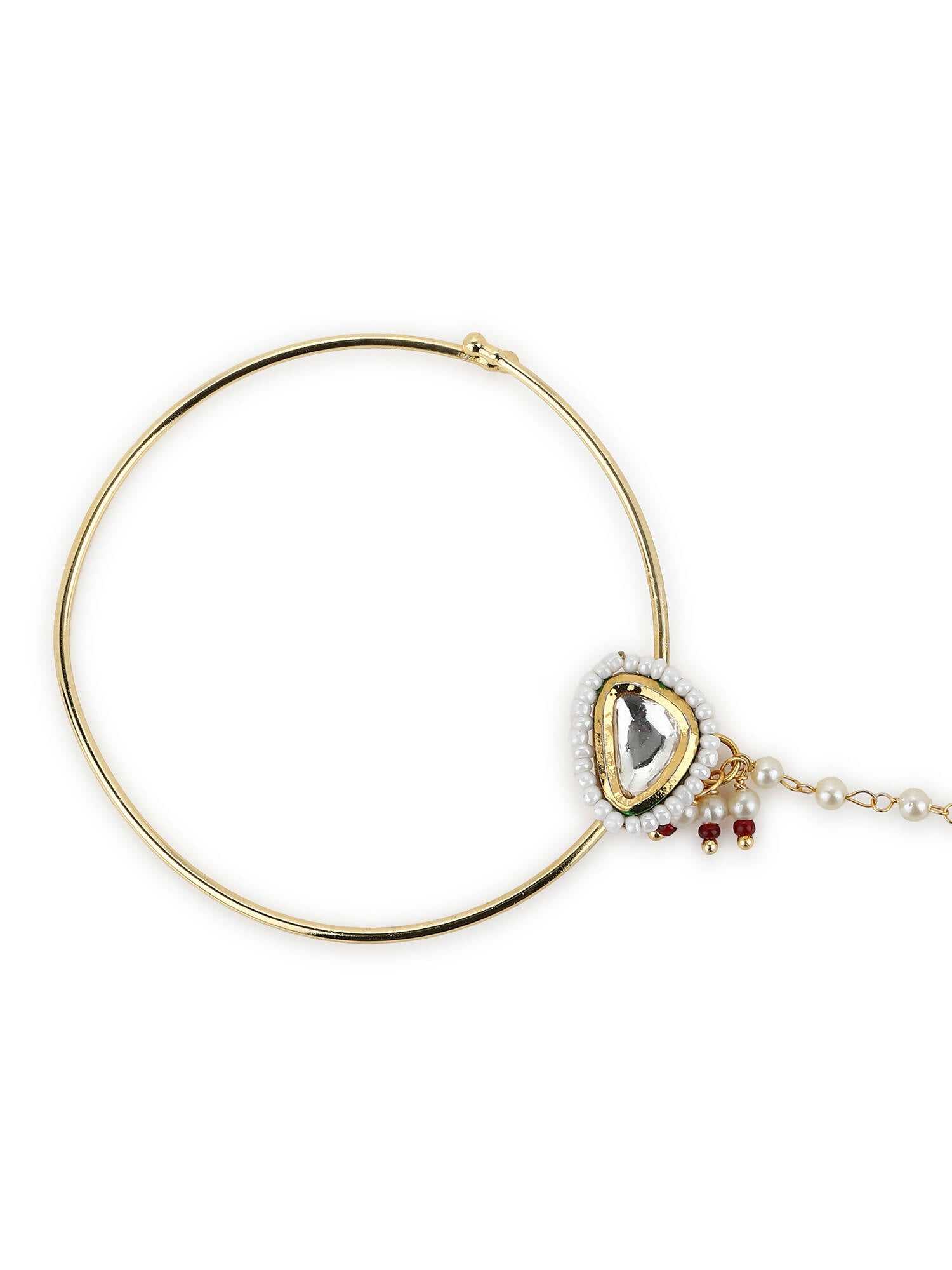 Gold-Polished White Kundan Studded Nose Pin With Beaded Extension - Ruby Raang | Grocsy