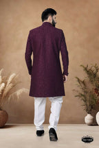 Joban Fashion Men's Wine Straight Silk Thread & Sequence Embroidery All Over Indo-Western Kurta Set | Grocsy