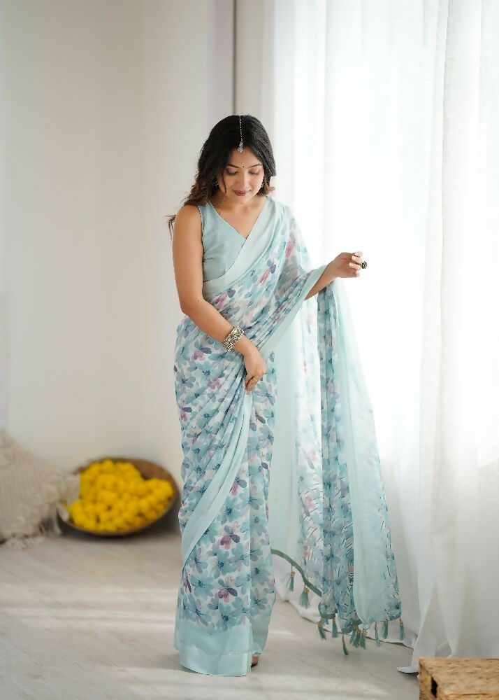 PR Fashion Sky_Blue Bright Moss Satin Patta Printed Saree | Grocsy