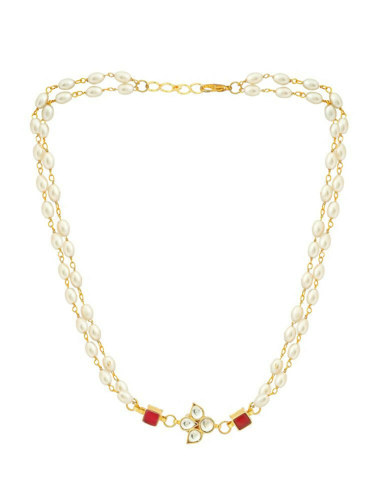 White and Red Beaded Gold Plated Flower Kundan Necklace - Ruby Raang | Grocsy