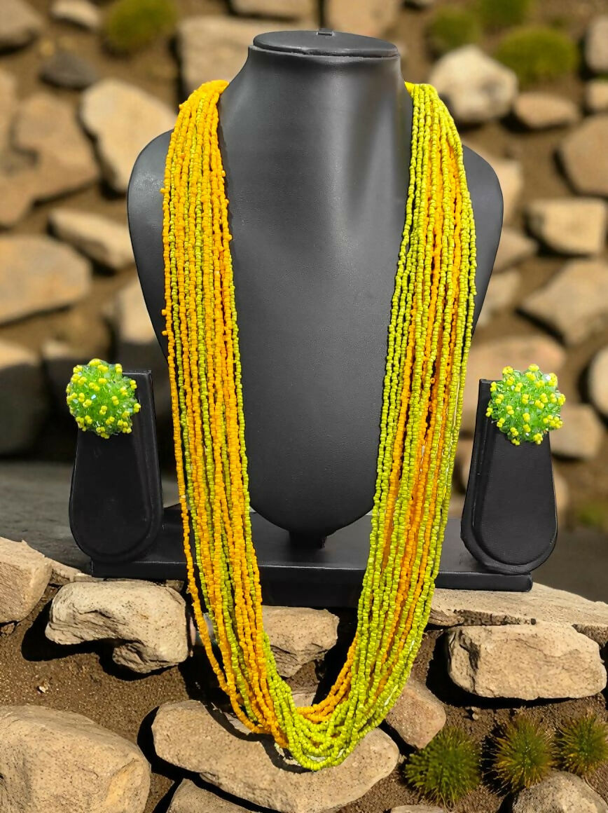 Inhanns Rangsaaz 20-Layer Luxe Long Beaded Necklace (With Optional Statement Earrings) - Dual Tone With Earring | Grocsy