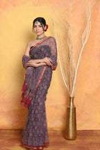 Very Much Indian Pure Kota Cotton Handblock Printed Saree - Grey | Grocsy