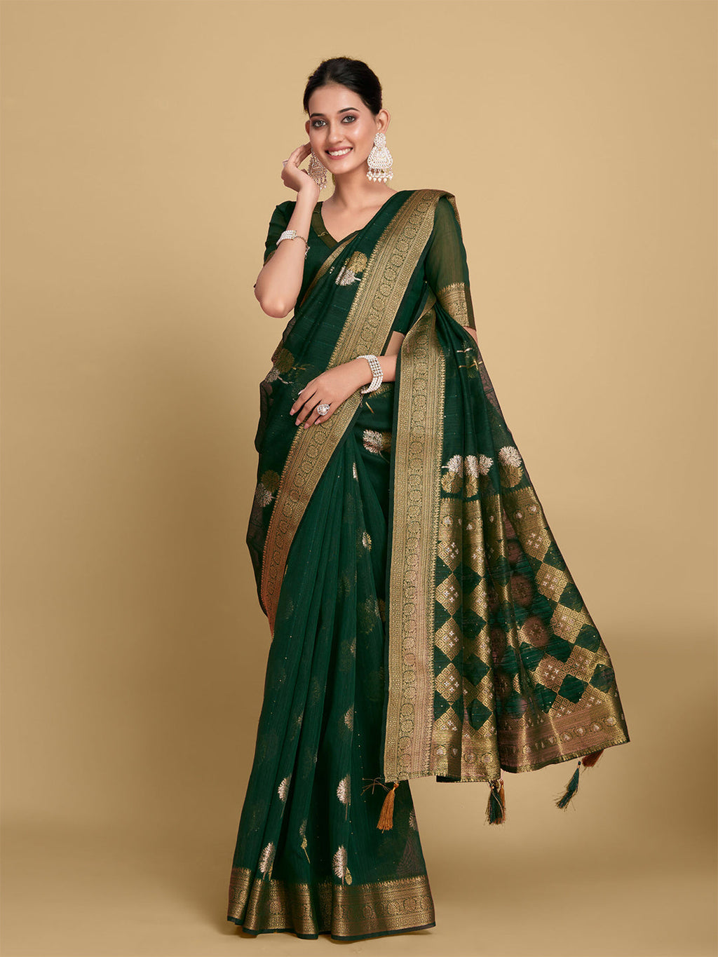 Sangria Green Ethnic Motifs Zari Linen Blend Saree | Grocsy