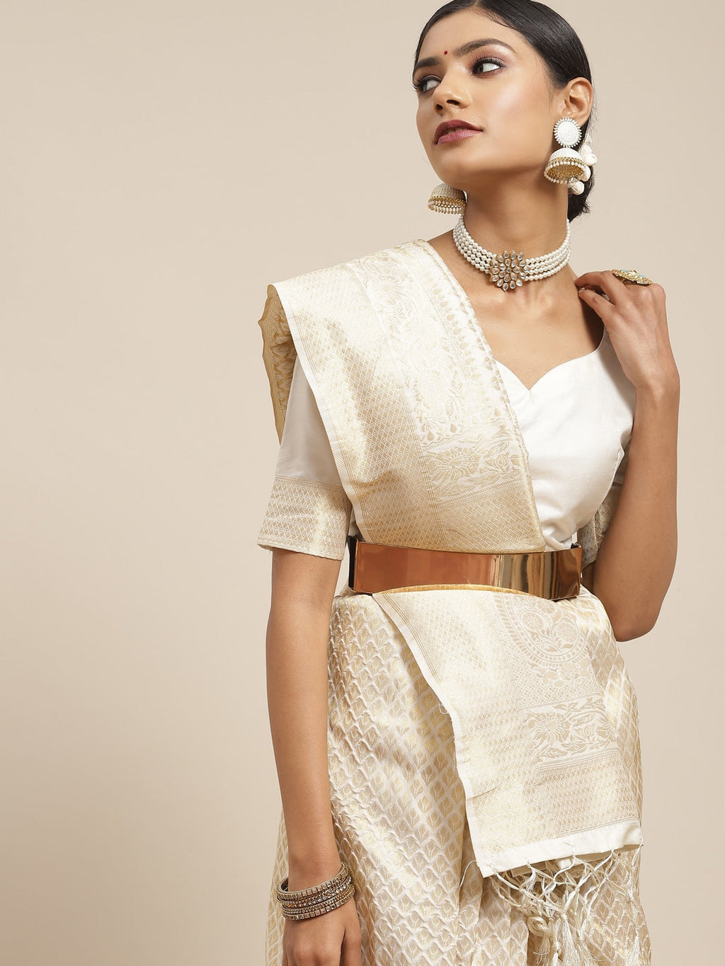 Saree Mall Cream-Coloured Zari Silk Blend Kanjeevaram Sarees | Grocsy