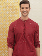 House of Pataudi Men Red Embroidered Jashn Straight Kurta | Grocsy