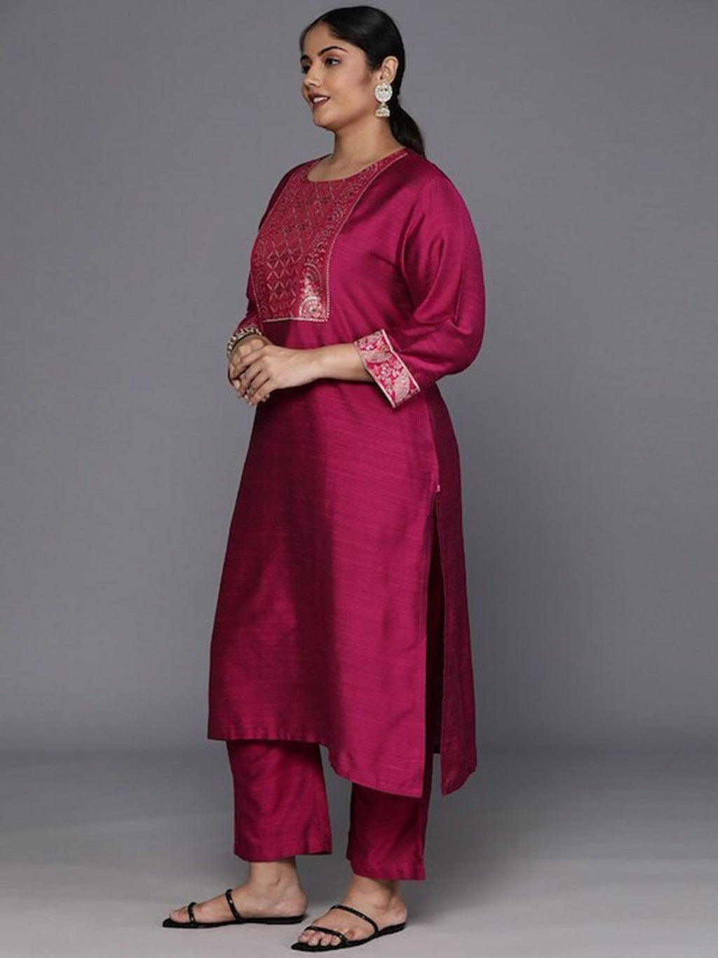Sztori Plus Size Yoke Design Regular Patchwork Kurta With Trousers & Dupatta | Grocsy