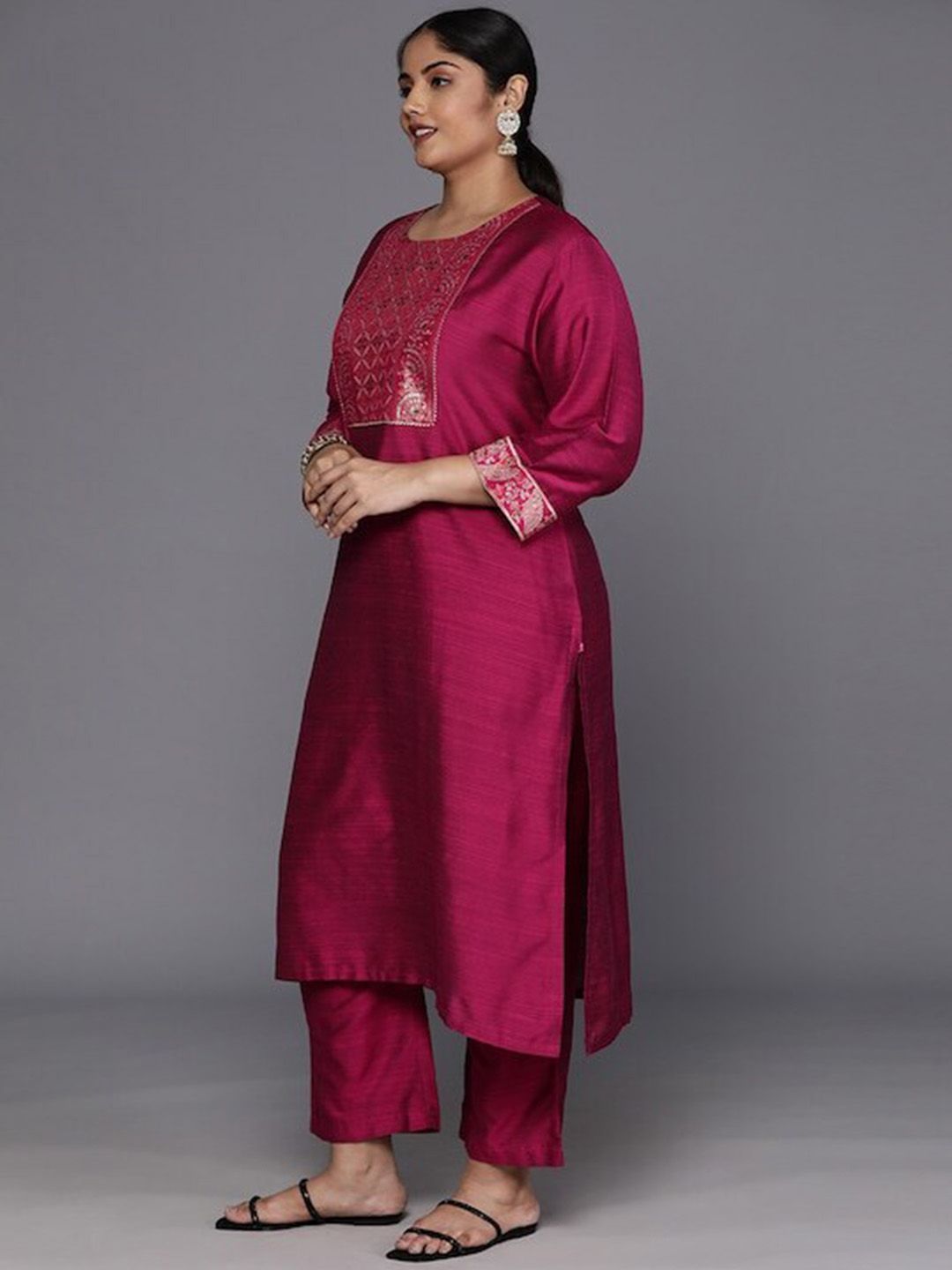 Sztori Plus Size Yoke Design Regular Patchwork Kurta With Trousers & Dupatta | Grocsy
