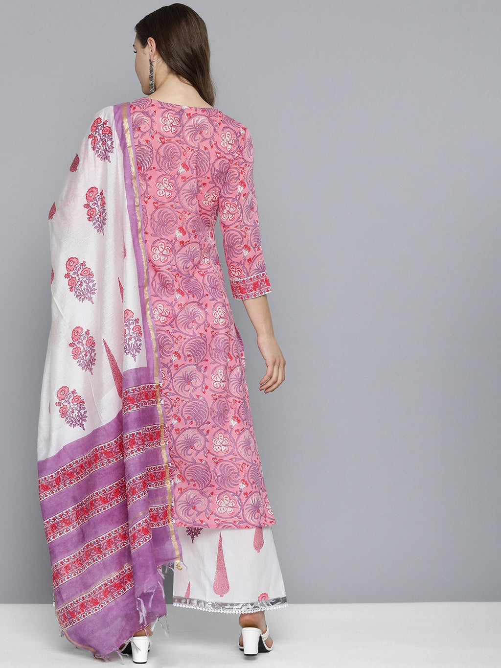 HERE&NOW Women Floral Printed Regular Pure Cotton Kurta with Palazzos & With Dupatta | Grocsy