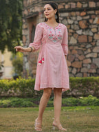 Juniper Women's Pink Cotton Dobby Embroidered Flared Dress | Grocsy