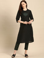 All About You Women Black & Green Embroidered Kurta with Trousers | Grocsy