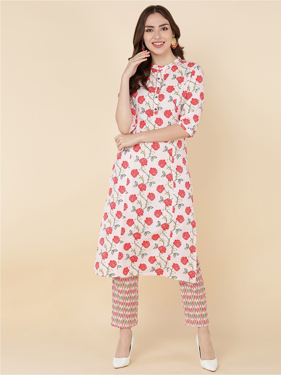 HERE&NOW Women Pink Floral Printed Kurta with Trousers | Grocsy