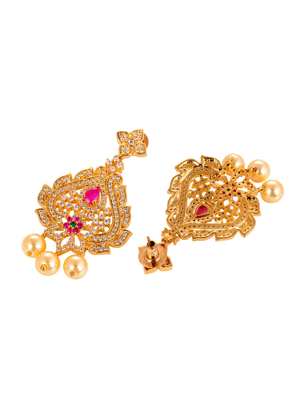 Saraf RS Jewellery Gold-Polished White & Pink American Diamond Studded & Beaded Handcrafted Jewellery Set | Grocsy