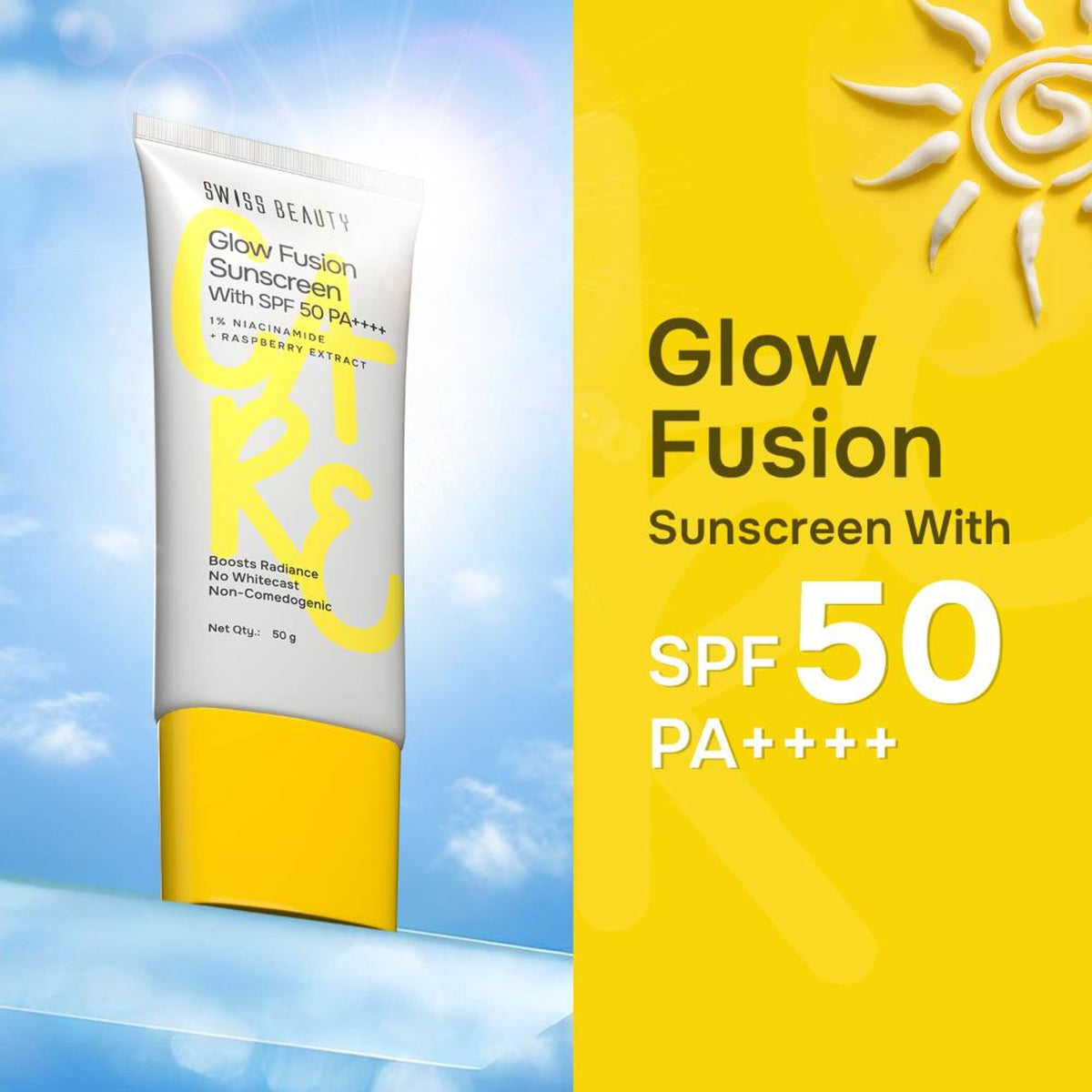Swiss Beauty Care Glow Fusion Sunscreen SPF 50 PA++++ - 1% Niacinamide & Raspberry Extract | Grocsy