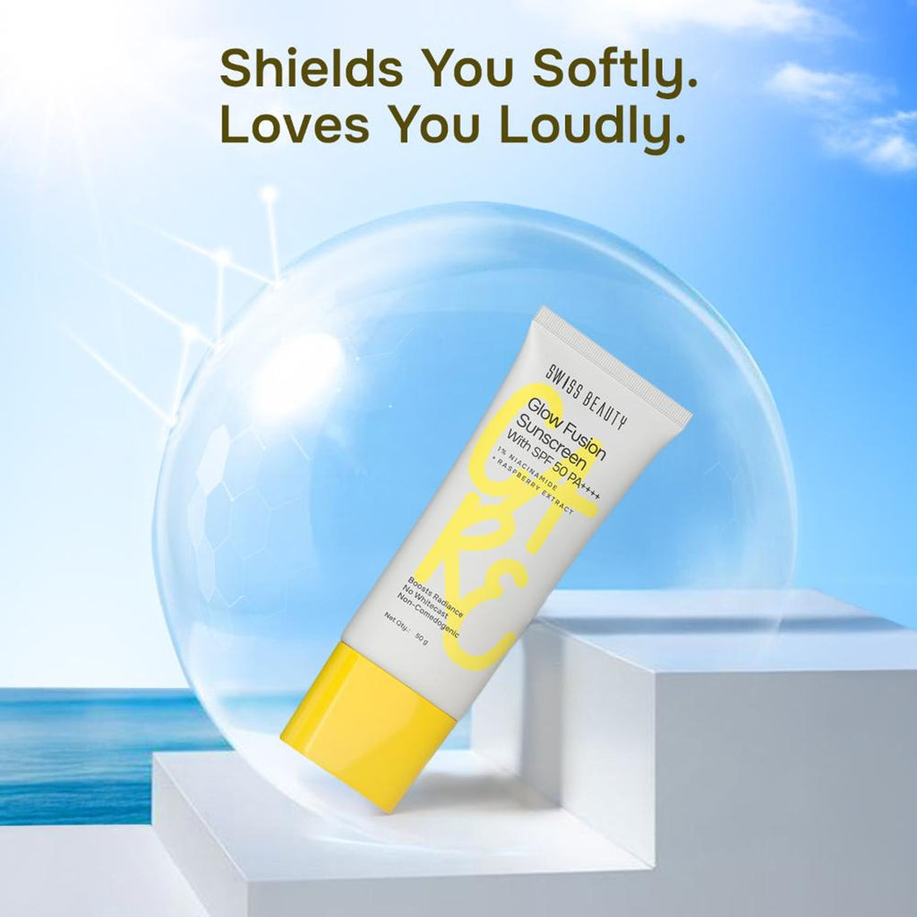 Swiss Beauty Care Glow Fusion Sunscreen SPF 50 PA++++ - 1% Niacinamide & Raspberry Extract | Grocsy