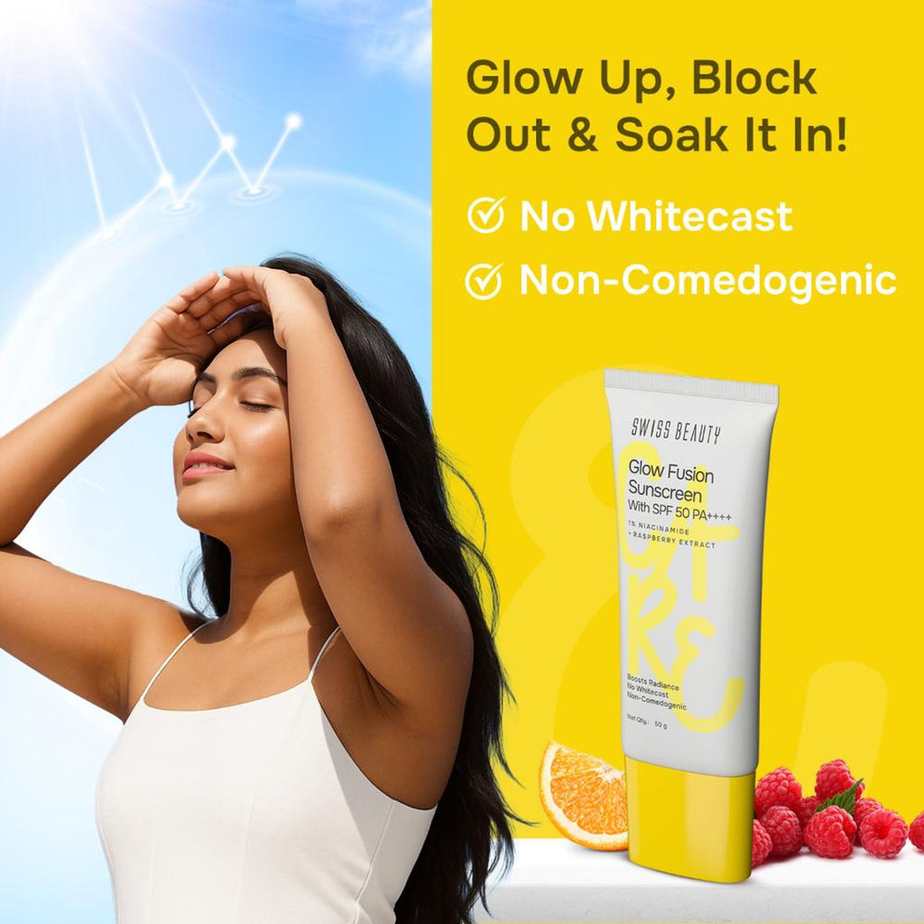 Swiss Beauty Care Glow Fusion Sunscreen SPF 50 PA++++ - 1% Niacinamide & Raspberry Extract | Grocsy