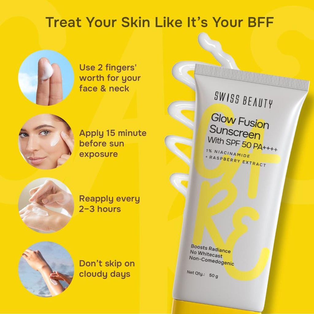 Swiss Beauty Care Glow Fusion Sunscreen SPF 50 PA++++ - 1% Niacinamide & Raspberry Extract | Grocsy